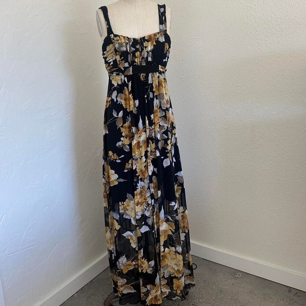 Connected Apparel 10 Dress Black Gold Floral Maxi Sheer Overlay Empire Waist